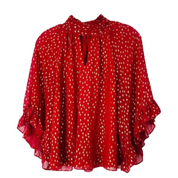 Vince Camuto red gold dot ruffle high neck holiday Christmas top small - Picture 1 of 9
